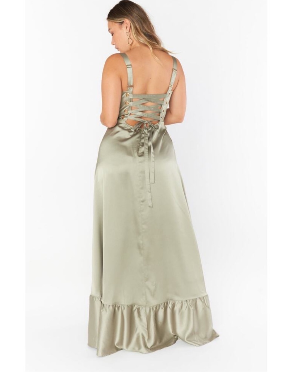 Show Me Your MuMu Clarissa Corset Moss Green Satin Lace-Up Back Dress - Picture 9 of 9